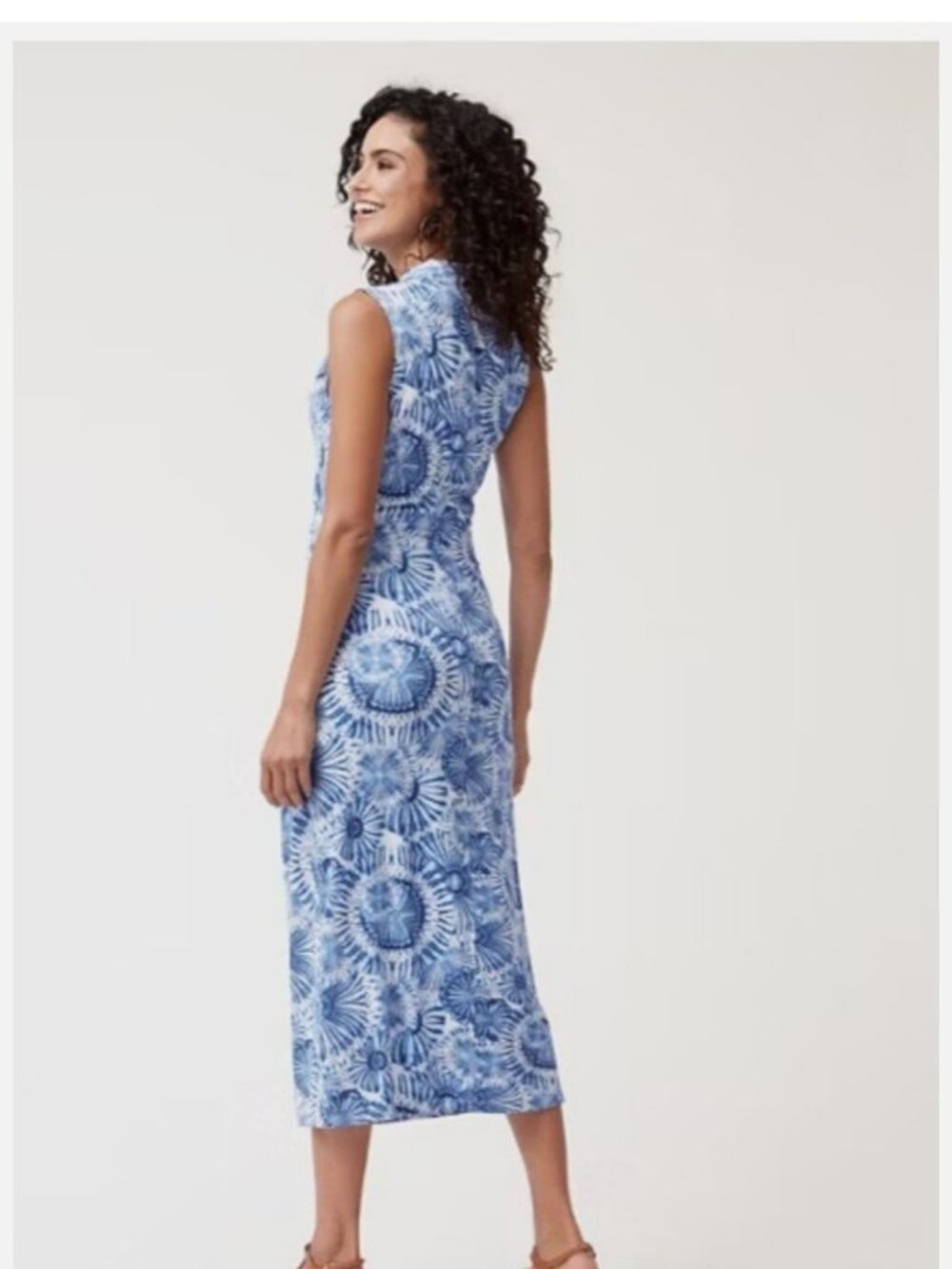 Tommy Bahama Indigo and White Tie Dye Sunburst Pattern Faux Wrap Dress Coastal - Picture 2 of 6